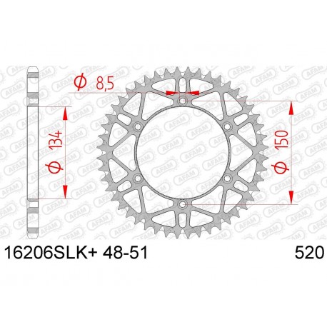 Couronne AFAM 50 dents acier ultra-light pas 520 type 16206SLK